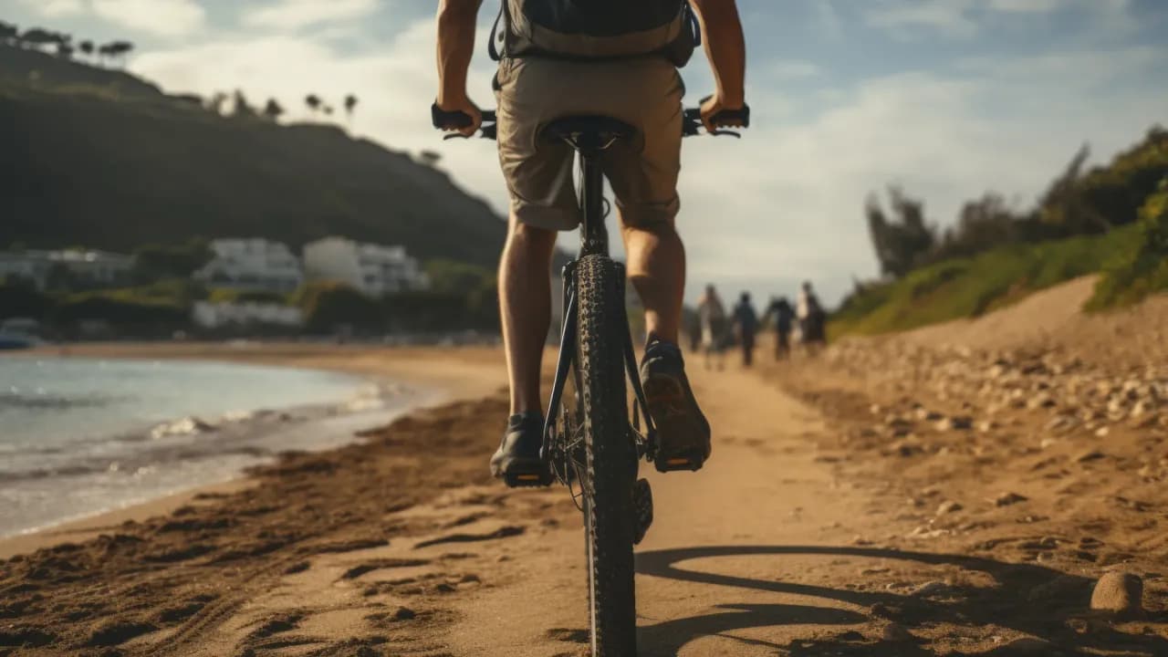 E-Bike Urlaub auf Mallorca: E-Bike-Fahrer auf einem Sandweg an der Küste