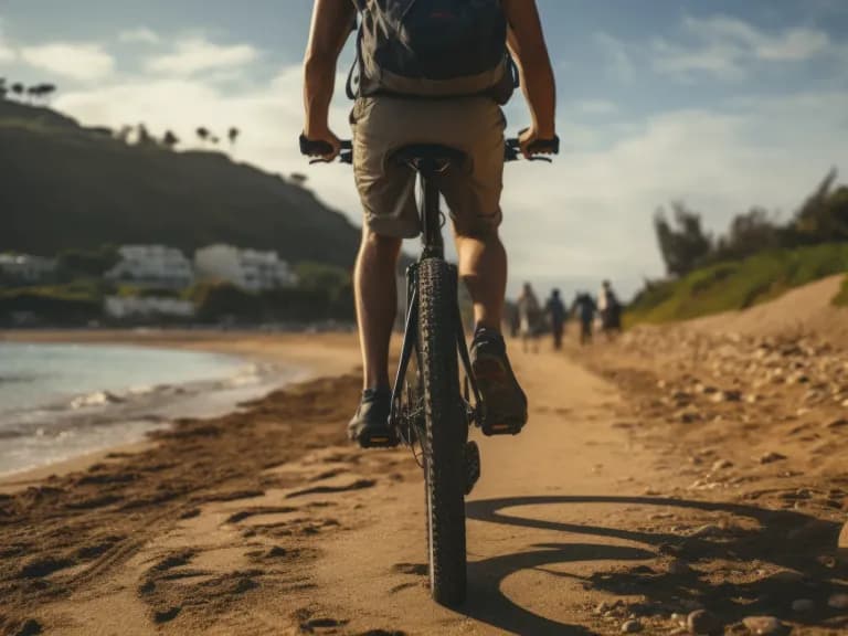Fahrradverleih Mallorca: E-Bike-Fahrer auf einem Sandweg an der Küste